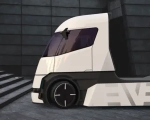 Seitliches Rendering des cool designten e-Truck in Keyshot.